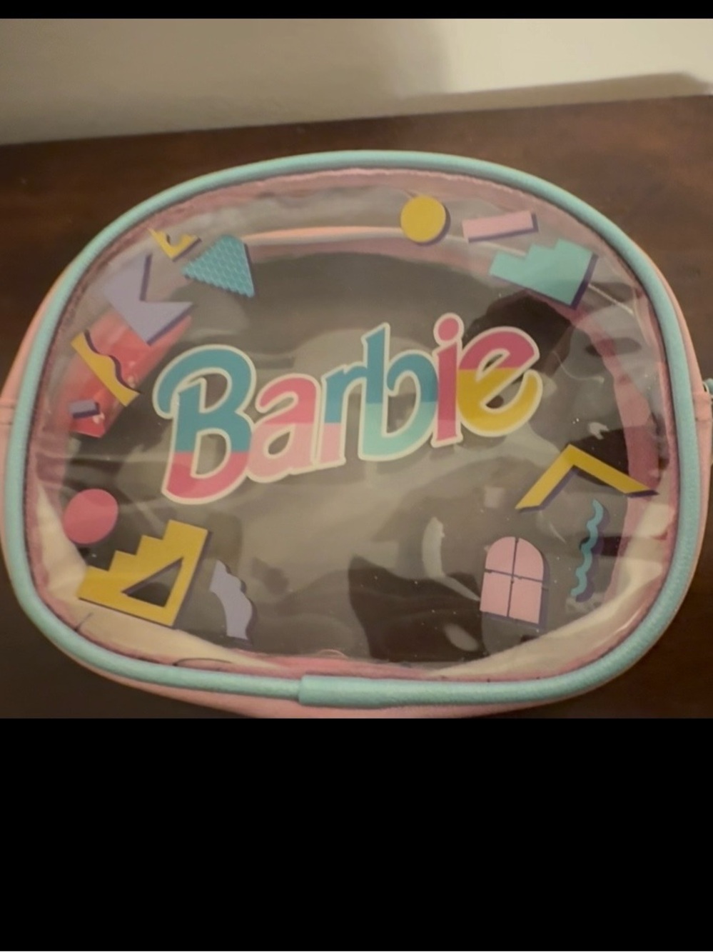 Barbie Clear Cosmetic Bag in Pastel Pink & Aqua, used